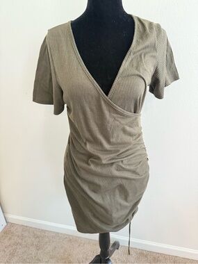 Olive Green Ruched Wrap Dress